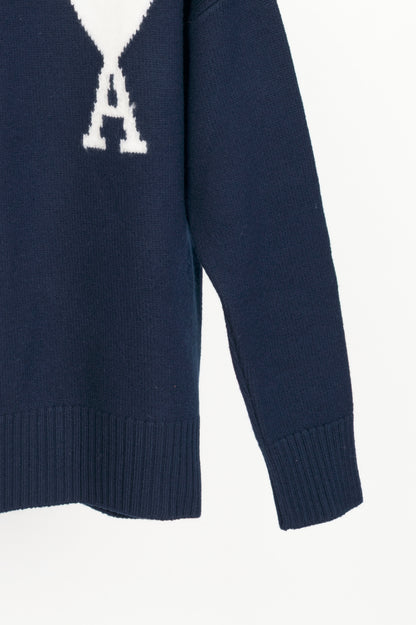 AMI Nautic Blue & White Wool Ami De Coeur Crewneck Sweater