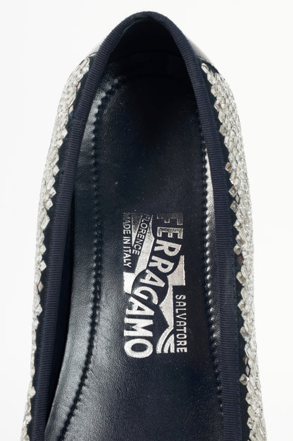 Salvatore Ferragamo Ruffina Navy Embellished Bow Flats
