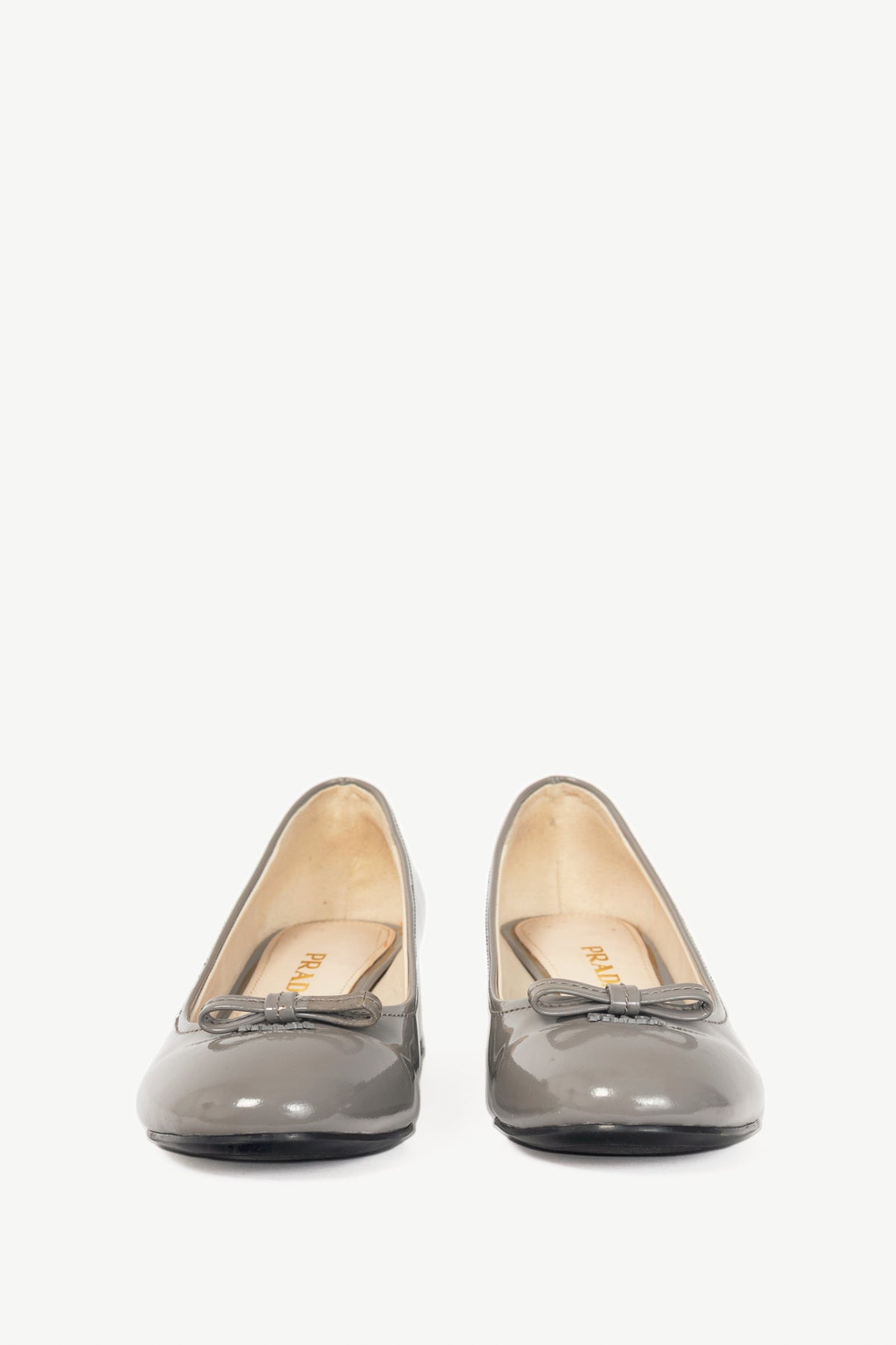 Prada Grey Patent-Leather Bow Block-Heel Pumps