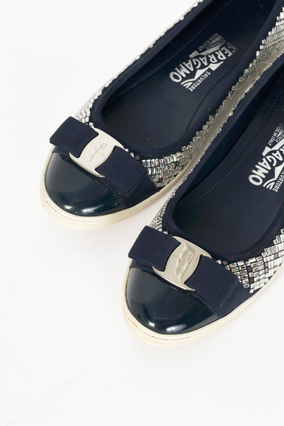 Salvatore Ferragamo Ruffina Navy Embellished Bow Flats