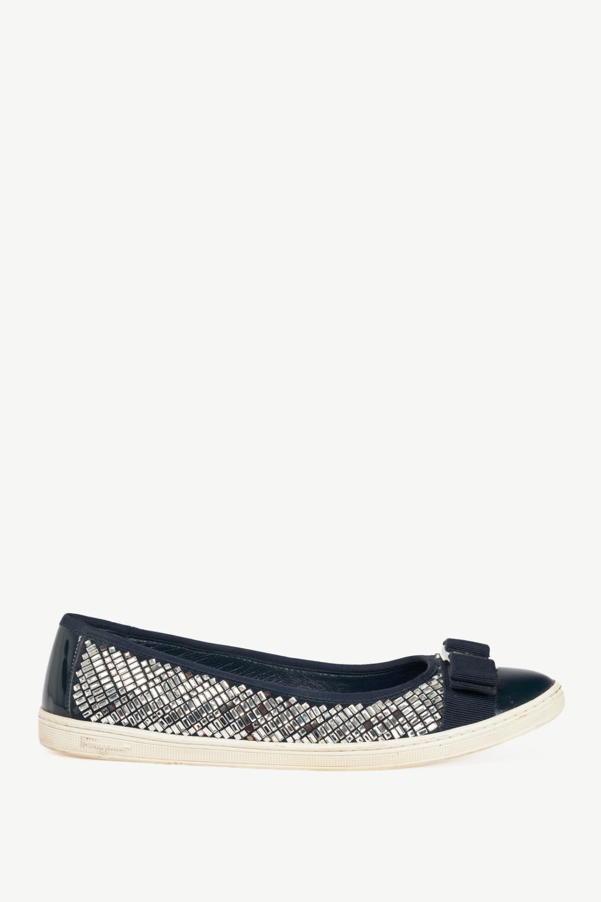 Salvatore Ferragamo Ruffina Navy Embellished Bow Flats