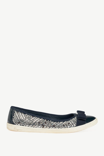 Salvatore Ferragamo Ruffina Navy Embellished Bow Flats