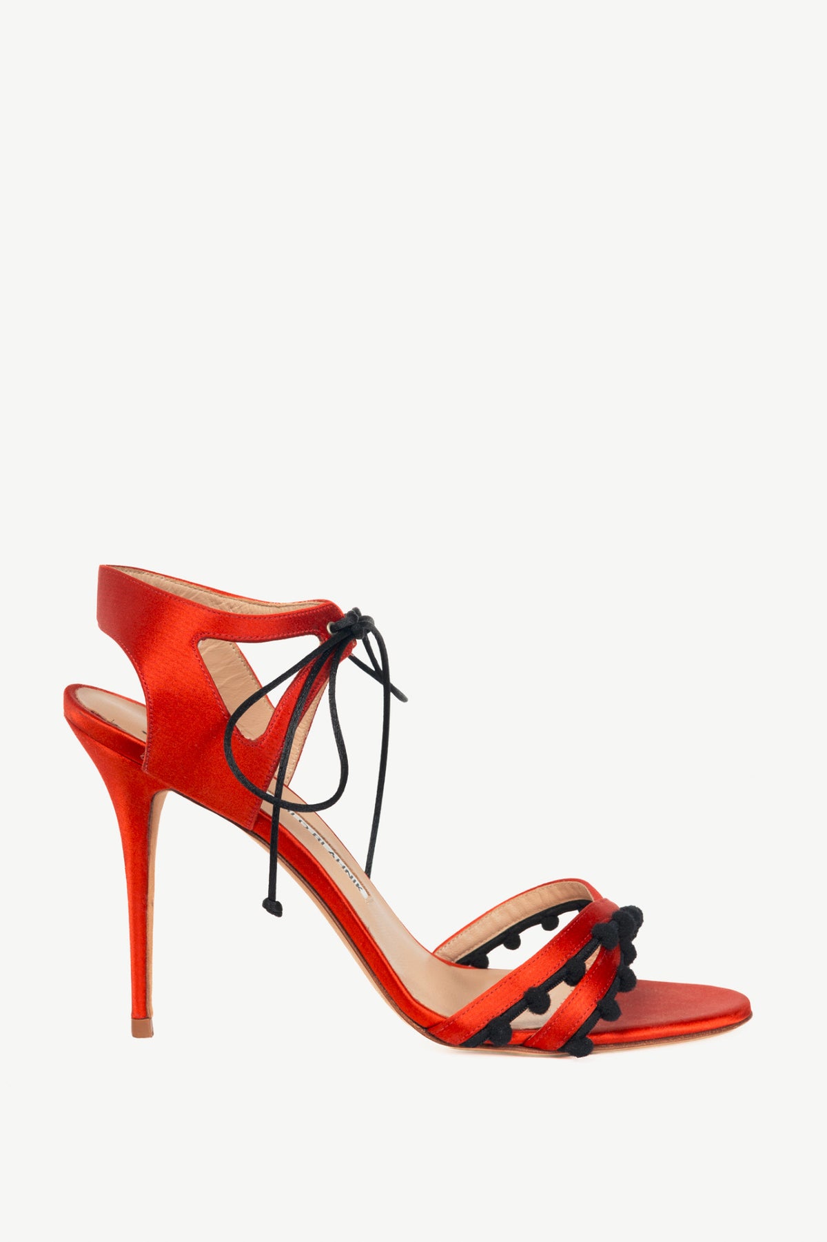 Manolo Blahnik Esparra Red Silk Pompom Tie Sandals