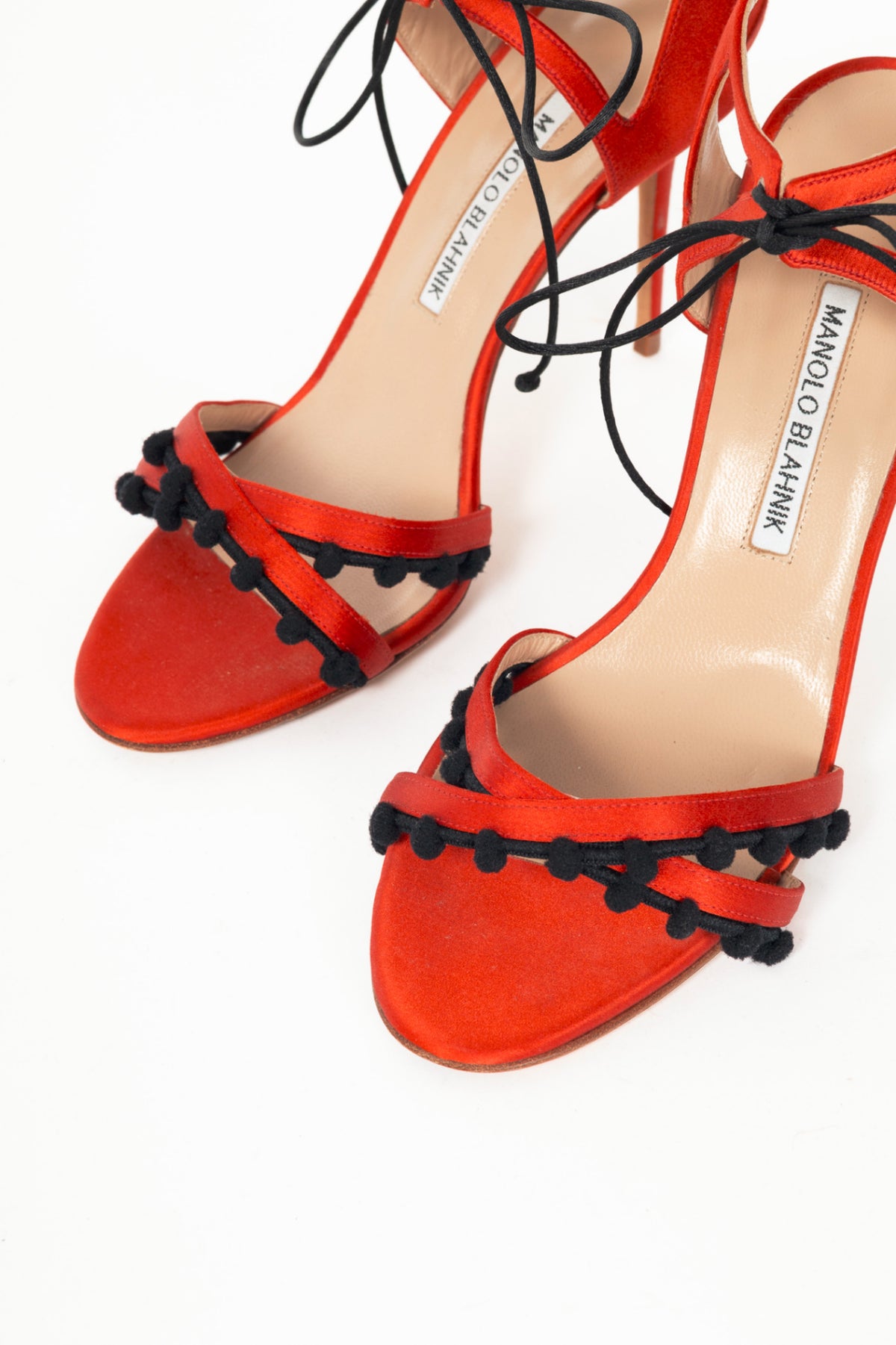 Manolo Blahnik Esparra Red Silk Pompom Tie Sandals