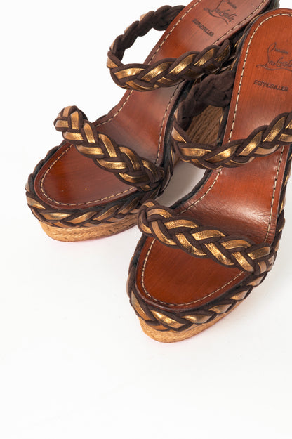 Christian Louboutin Cadena Tresse 140 Brown Suede & Nappa Espadrille Wedge Sandals