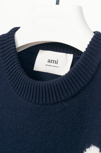 AMI Nautic Blue & White Wool Ami De Coeur Crewneck Sweater