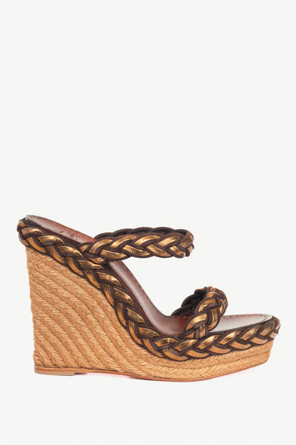 Christian Louboutin Cadena Tresse 140 Brown Suede & Nappa Espadrille Wedge Sandals