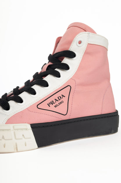 Prada Pink Gabardine Wheel Logo High-Top Sneakers