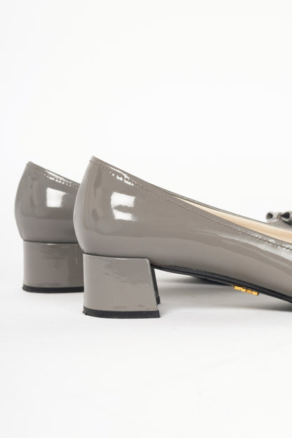 Prada Grey Patent-Leather Bow Block-Heel Pumps