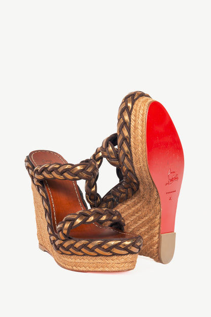 Christian Louboutin Cadena Tresse 140 Brown Suede & Nappa Espadrille Wedge Sandals