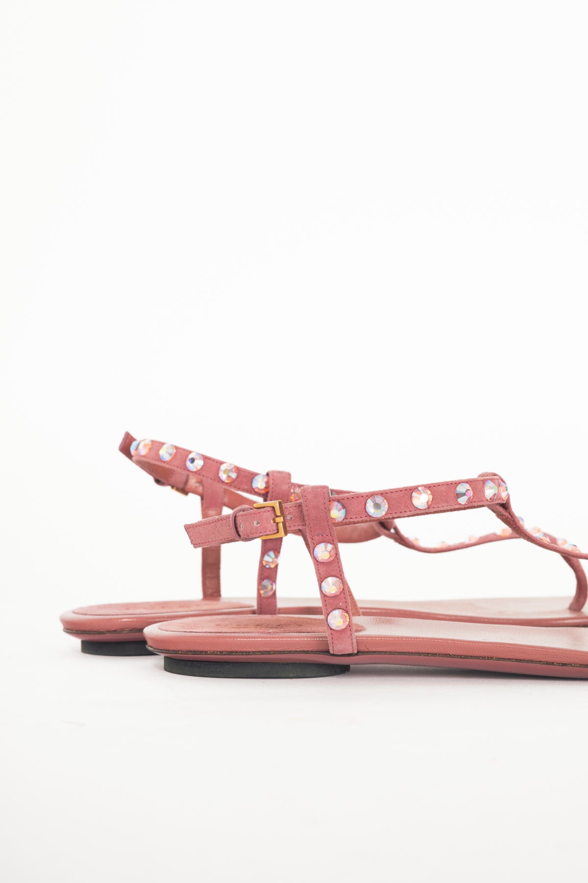 Gucci Yulia Pink Suede Crystal-Embellished Flat T-Strap Sandals