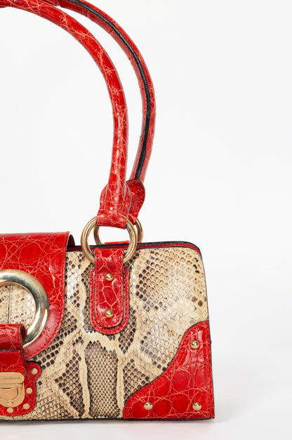 Dolce & Gabbana Beige Python & Red Croc-Embossed Leather Studded Handbag