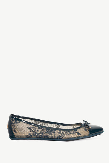 Jimmy Choo Waltz Navy Lace & Patent Leather Bow Ballet Flats