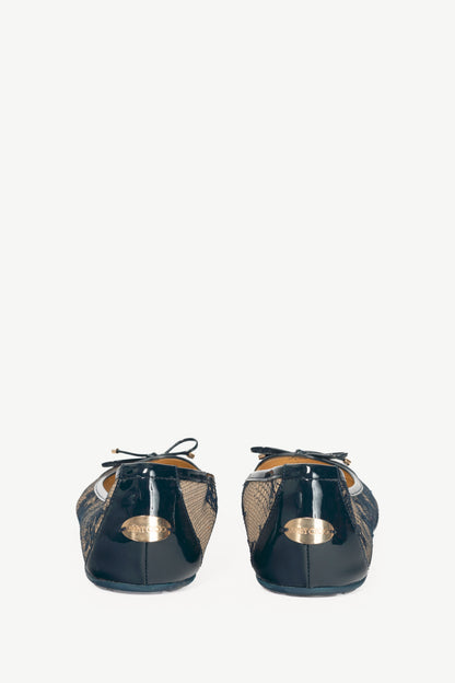 Jimmy Choo Waltz Navy Lace & Patent Leather Bow Ballet Flats