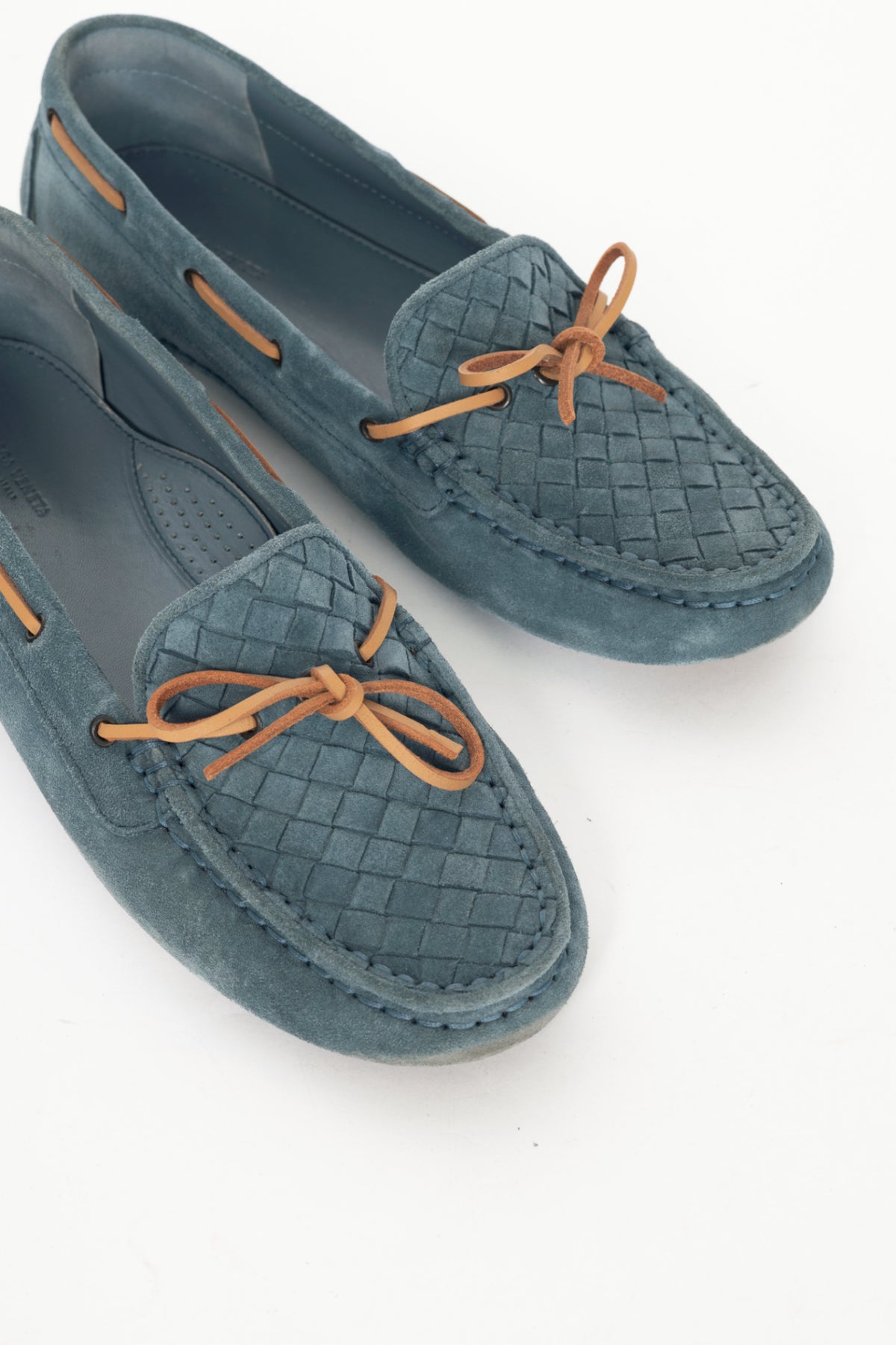 Bottega Veneta Blue Suede Intrecciato Bow Driving Shoes