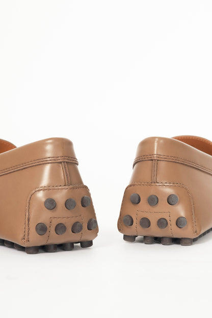 Tod's Gommino Brown Buffed Leather Logo-Bar Driving Shoes