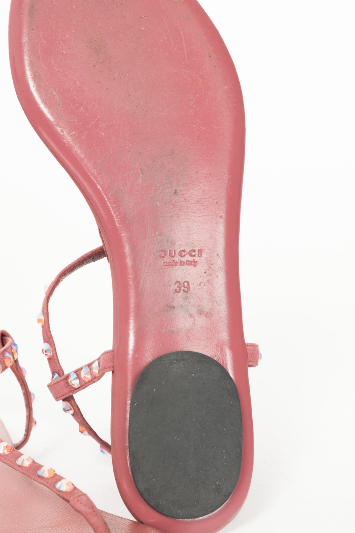 Gucci Yulia Pink Suede Crystal-Embellished Flat T-Strap Sandals