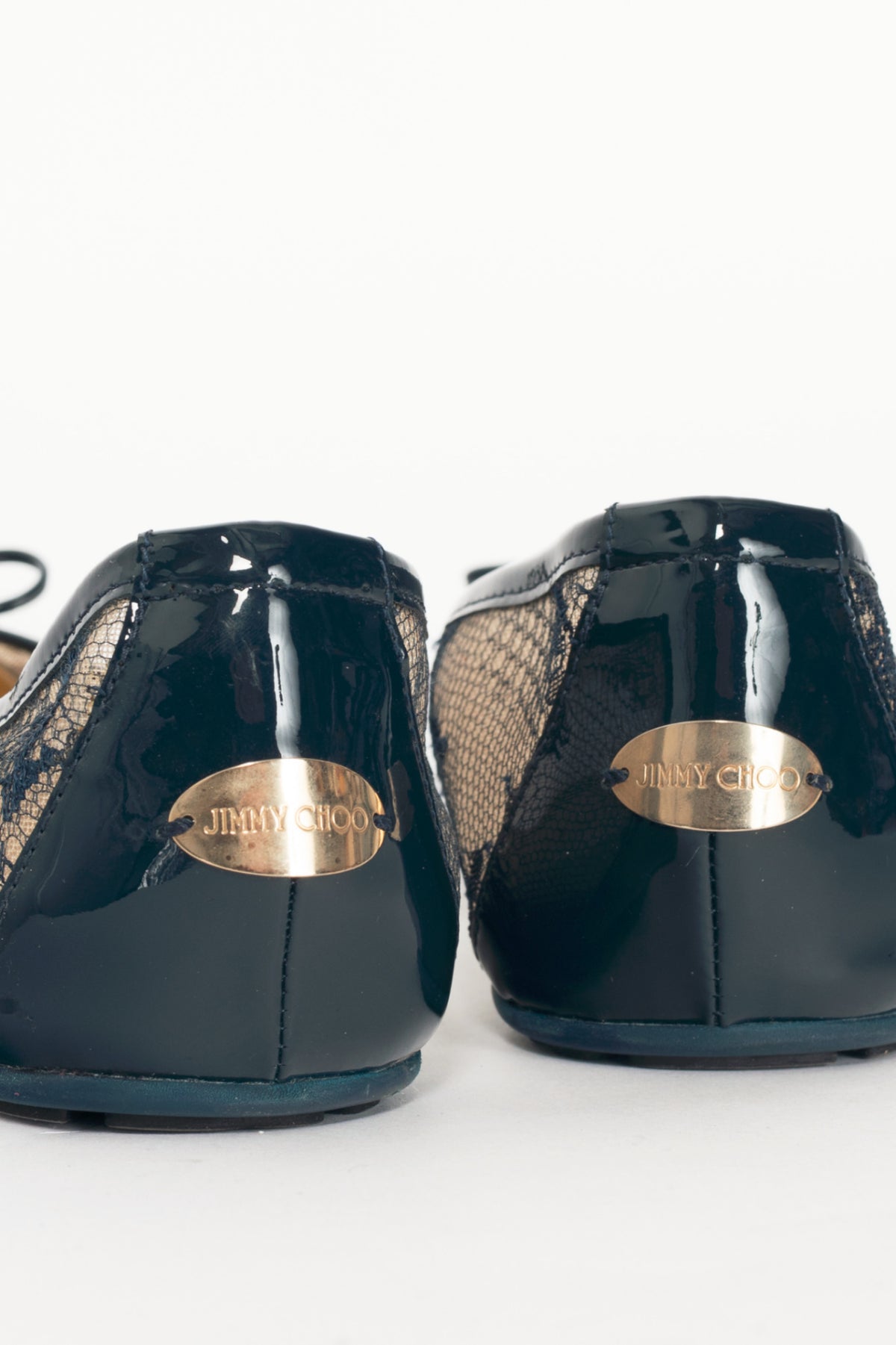 Jimmy Choo Waltz Navy Lace & Patent Leather Bow Ballet Flats