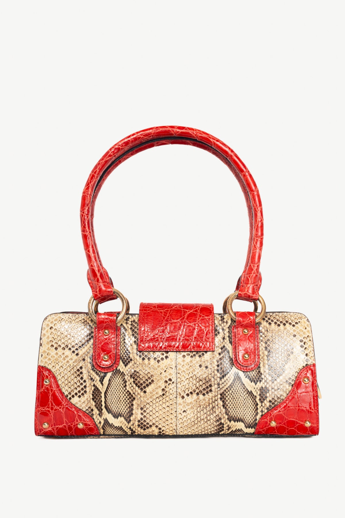 Dolce & Gabbana Beige Python & Red Croc-Embossed Leather Studded Handbag