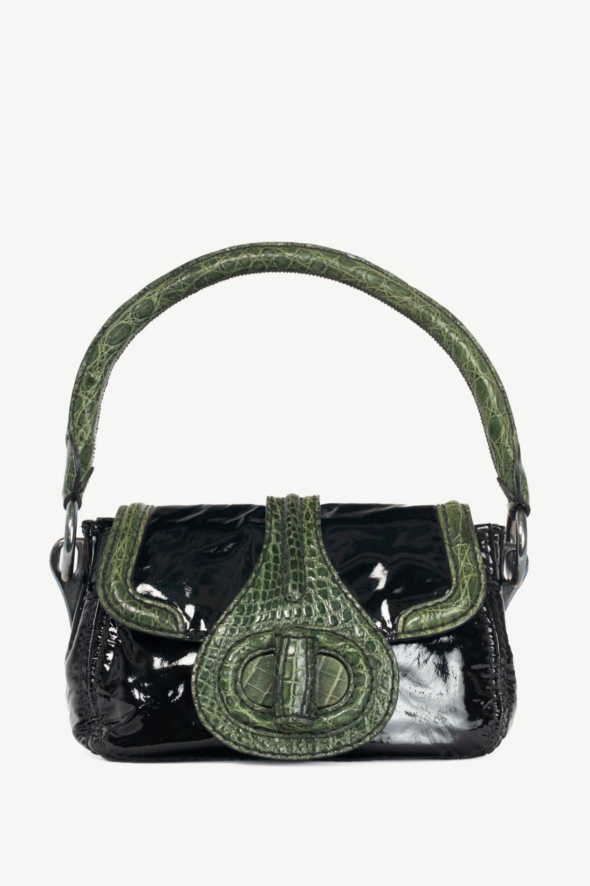 Prada AW10 Pattina Sottospalla Nero Vernice & Green Croc-Embossed Leather Handbag