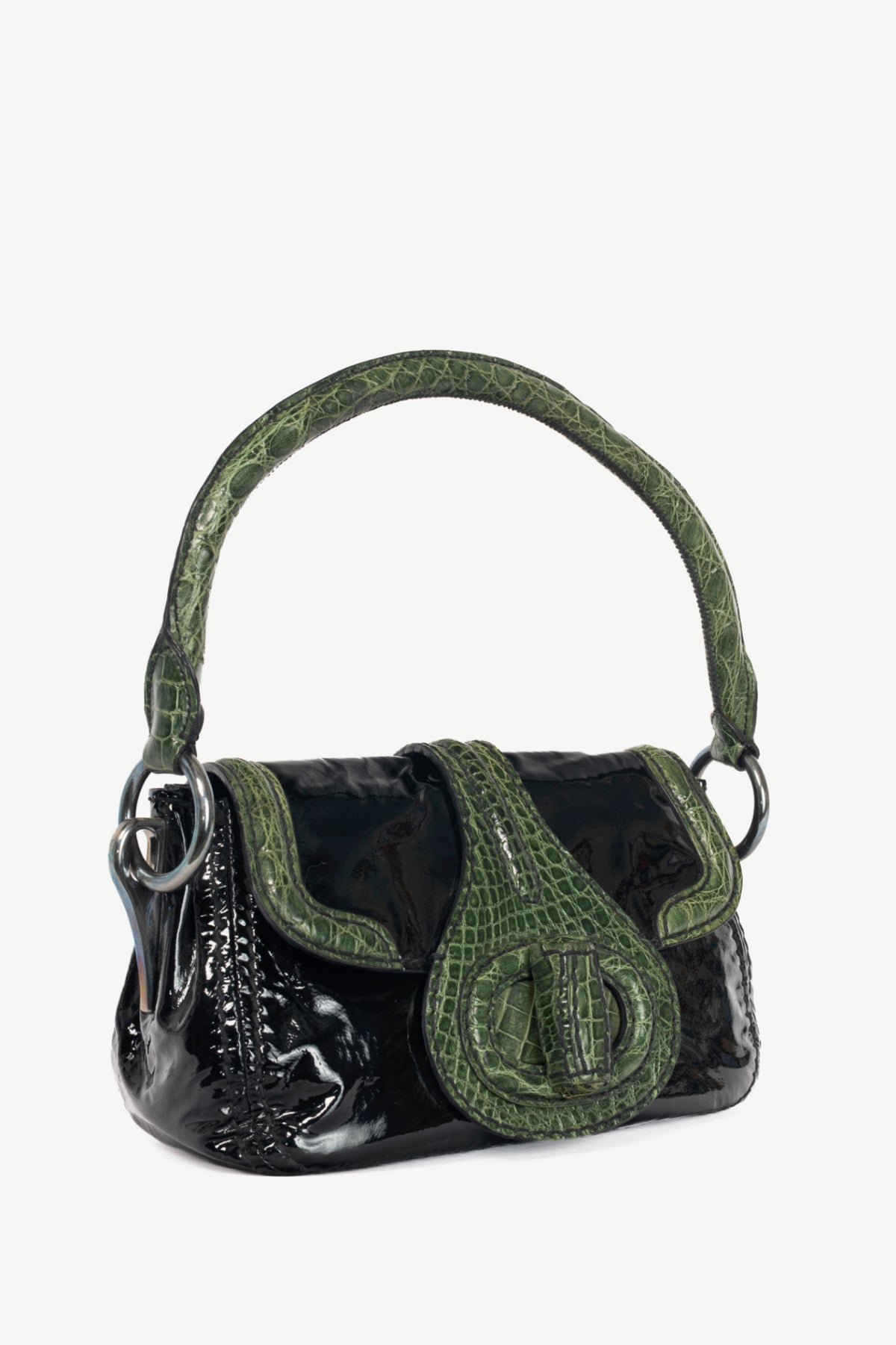 Prada AW10 Pattina Sottospalla Nero Vernice & Green Croc-Embossed Leather Handbag
