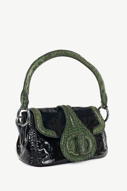 Prada AW10 Pattina Sottospalla Nero Vernice & Green Croc-Embossed Leather Handbag