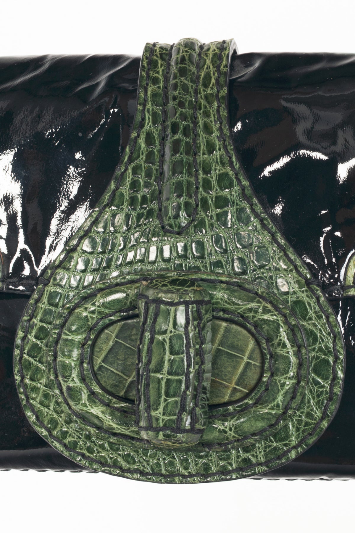 Prada AW10 Pattina Sottospalla Nero Vernice & Green Croc-Embossed Leather Handbag