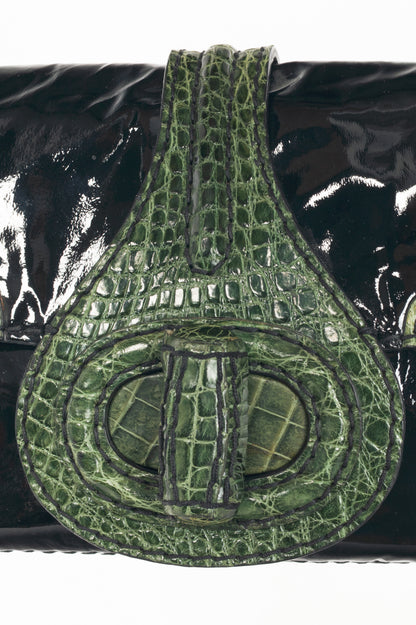 Prada AW10 Pattina Sottospalla Nero Vernice & Green Croc-Embossed Leather Handbag