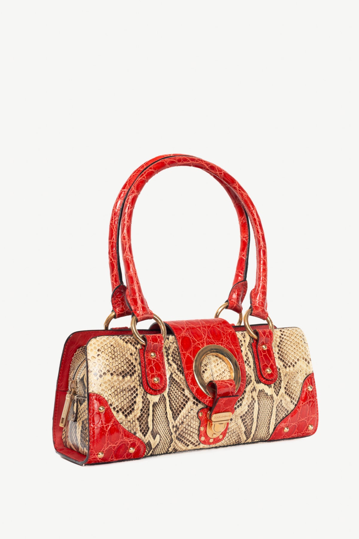 Dolce & Gabbana Beige Python & Red Croc-Embossed Leather Studded Handbag