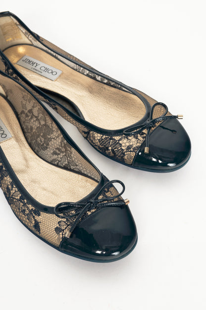 Jimmy Choo Waltz Navy Lace & Patent Leather Bow Ballet Flats