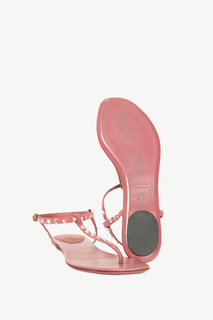 Gucci Yulia Pink Suede Crystal-Embellished Flat T-Strap Sandals