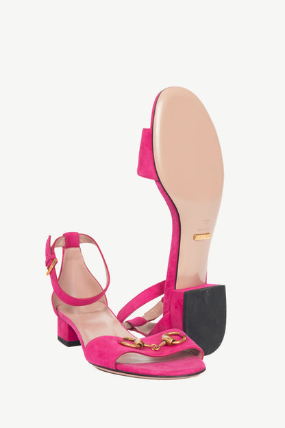 Gucci Liliane Fuchsia Suede Horsebit Ankle-Strap Sandals