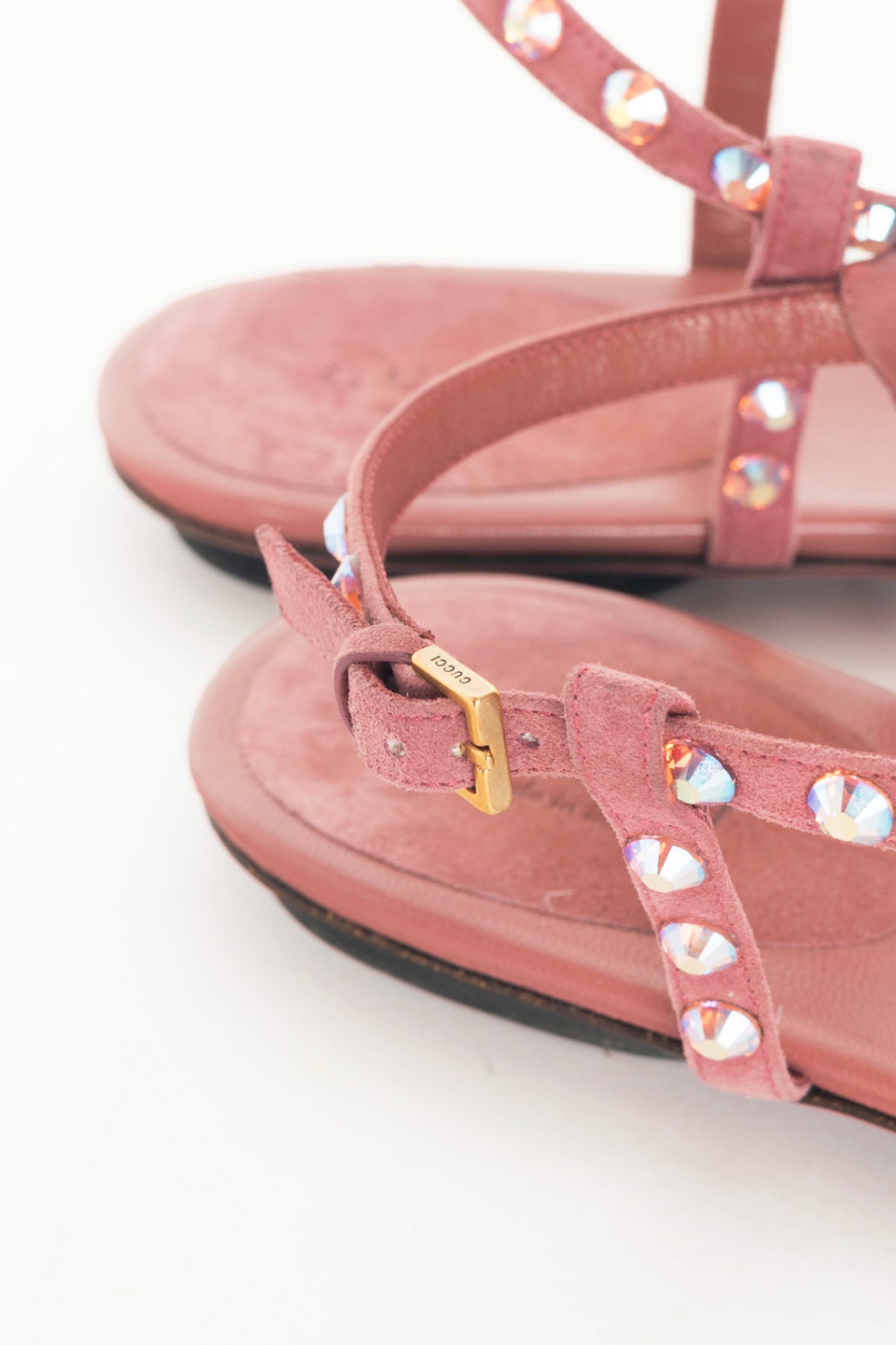 Gucci Yulia Pink Suede Crystal-Embellished Flat T-Strap Sandals