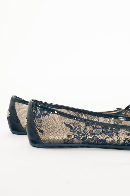 Jimmy Choo Waltz Navy Lace & Patent Leather Bow Ballet Flats