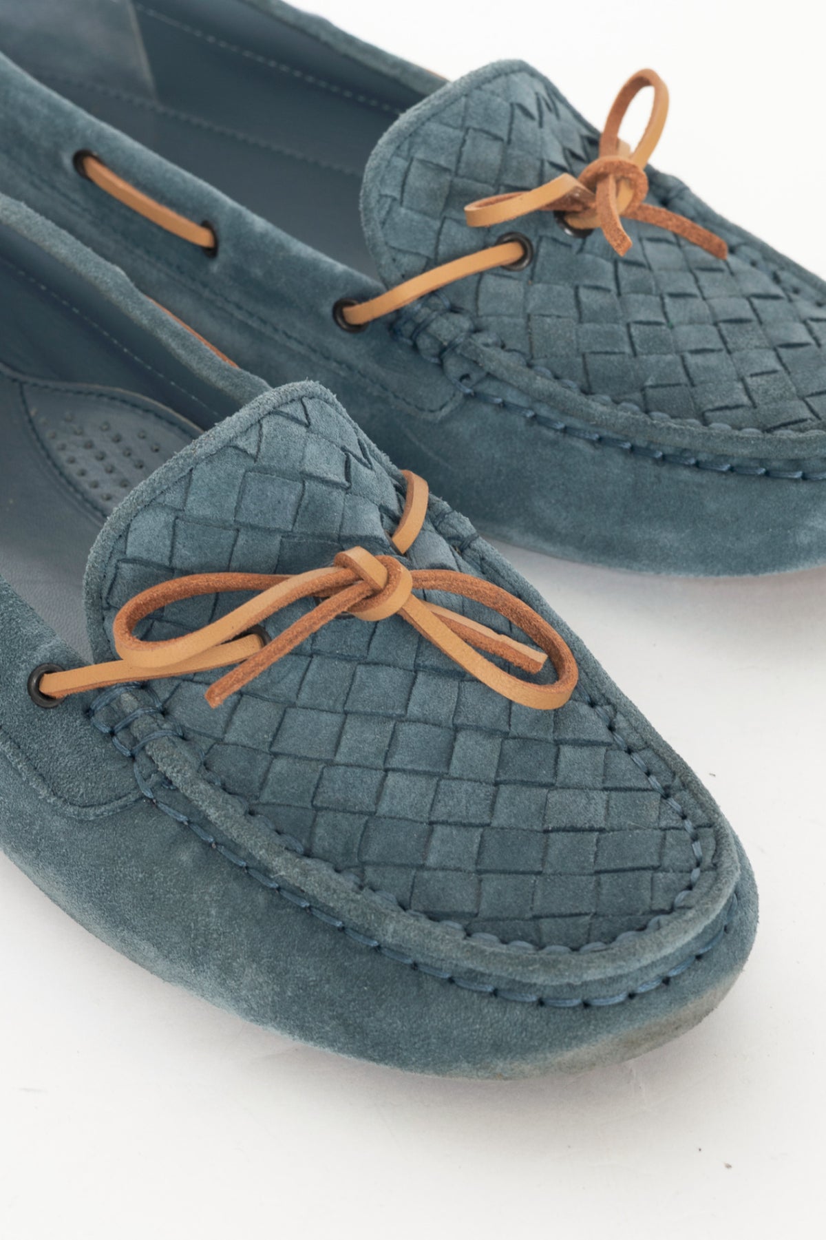 Bottega Veneta Blue Suede Intrecciato Bow Driving Shoes