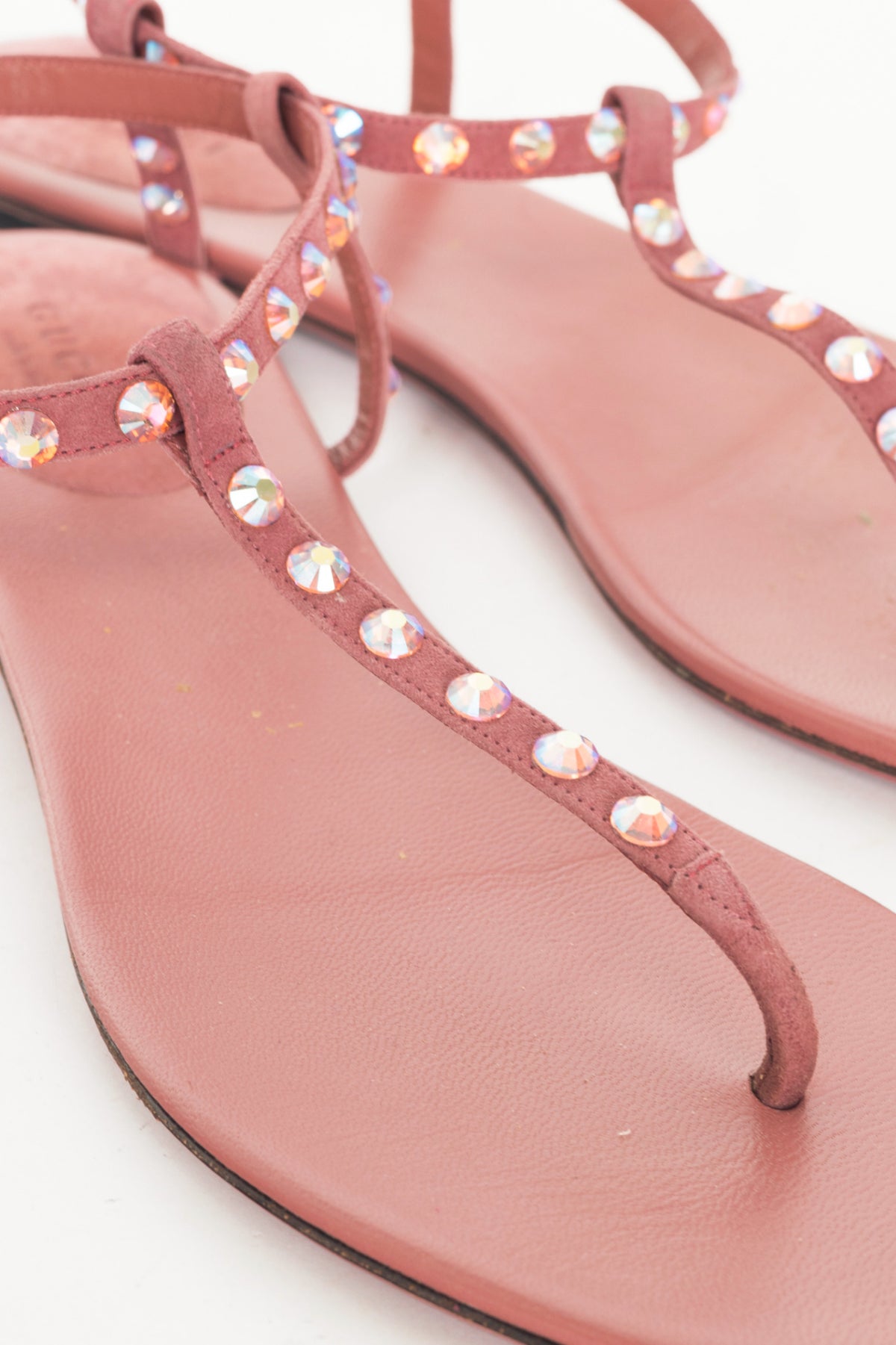 Gucci Yulia Pink Suede Crystal-Embellished Flat T-Strap Sandals