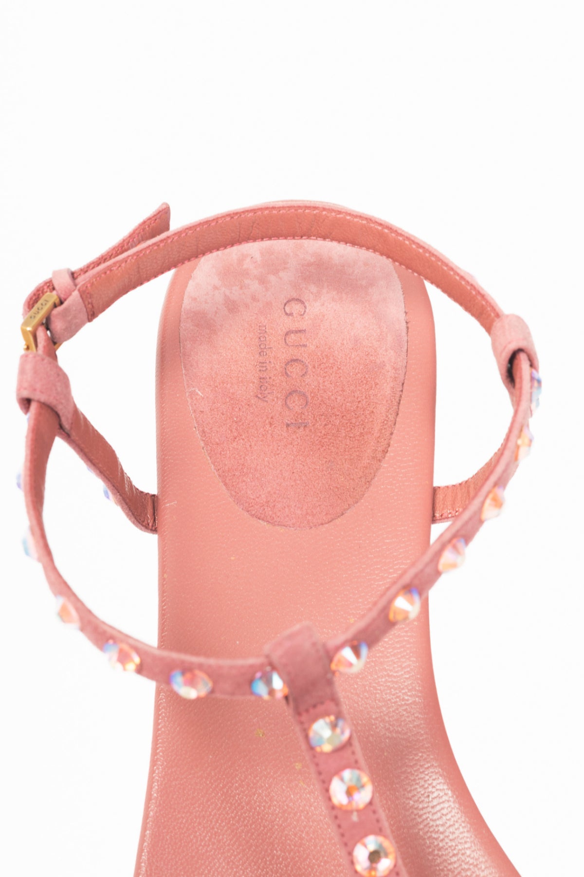 Gucci Yulia Pink Suede Crystal-Embellished Flat T-Strap Sandals
