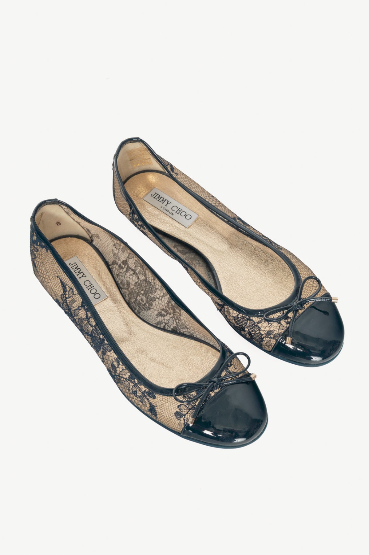 Jimmy Choo Waltz Navy Lace & Patent Leather Bow Ballet Flats