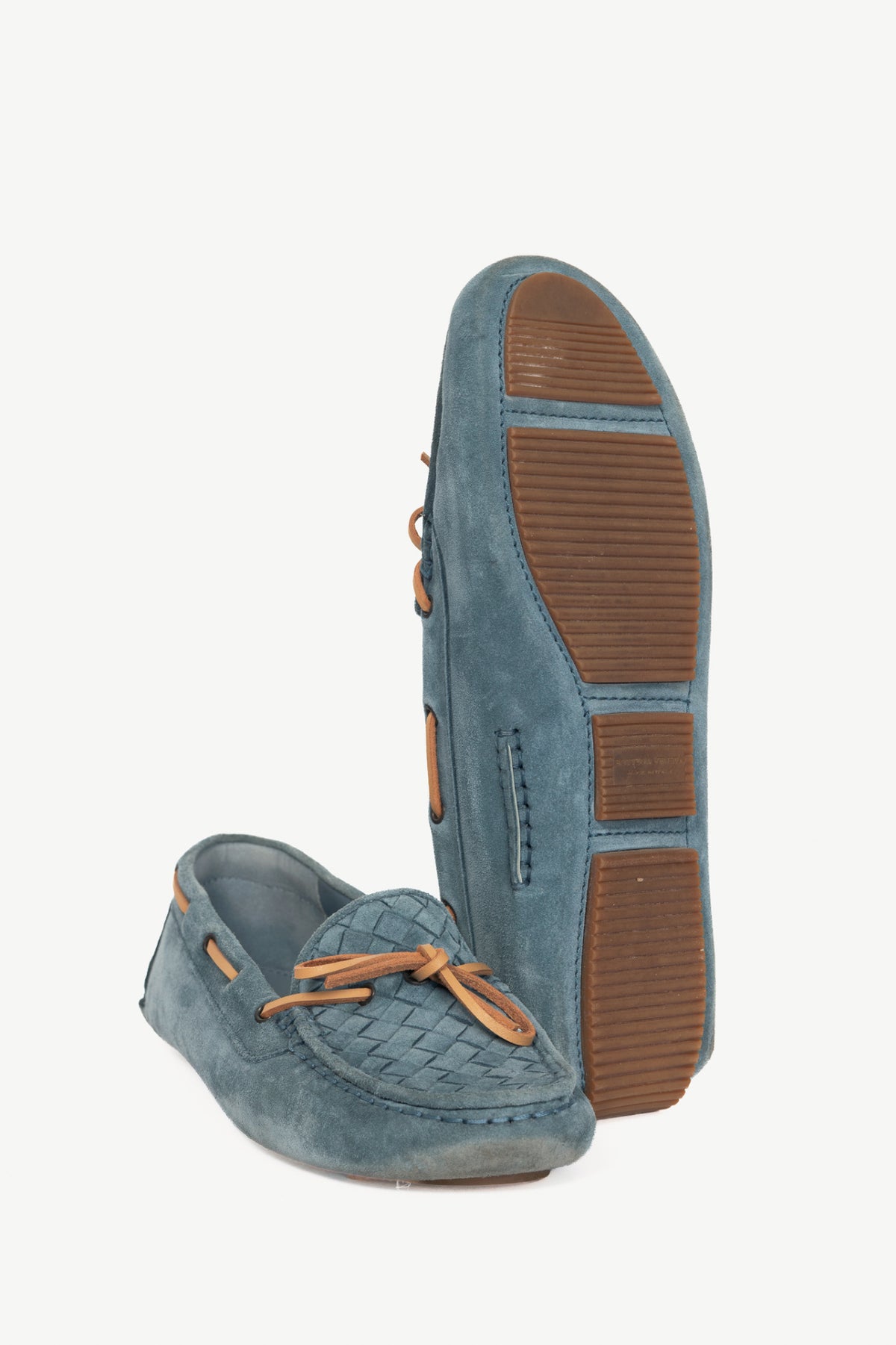 Bottega Veneta Blue Suede Intrecciato Bow Driving Shoes