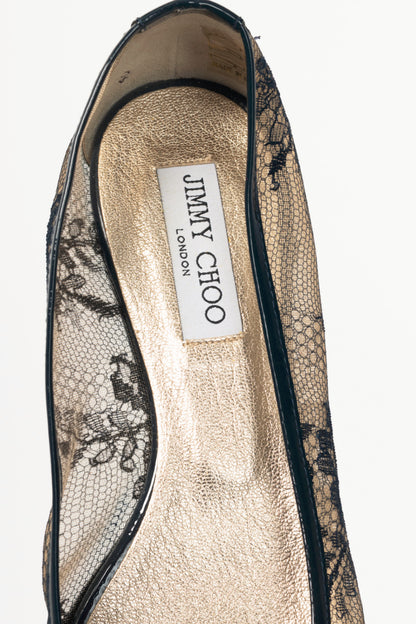 Jimmy Choo Waltz Navy Lace & Patent Leather Bow Ballet Flats