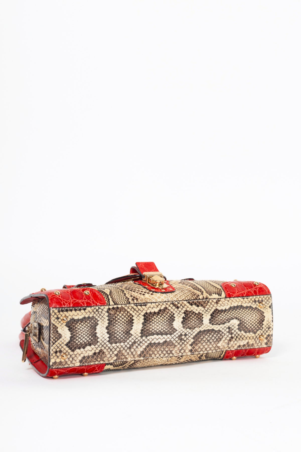 Dolce & Gabbana Beige Python & Red Croc-Embossed Leather Studded Handbag