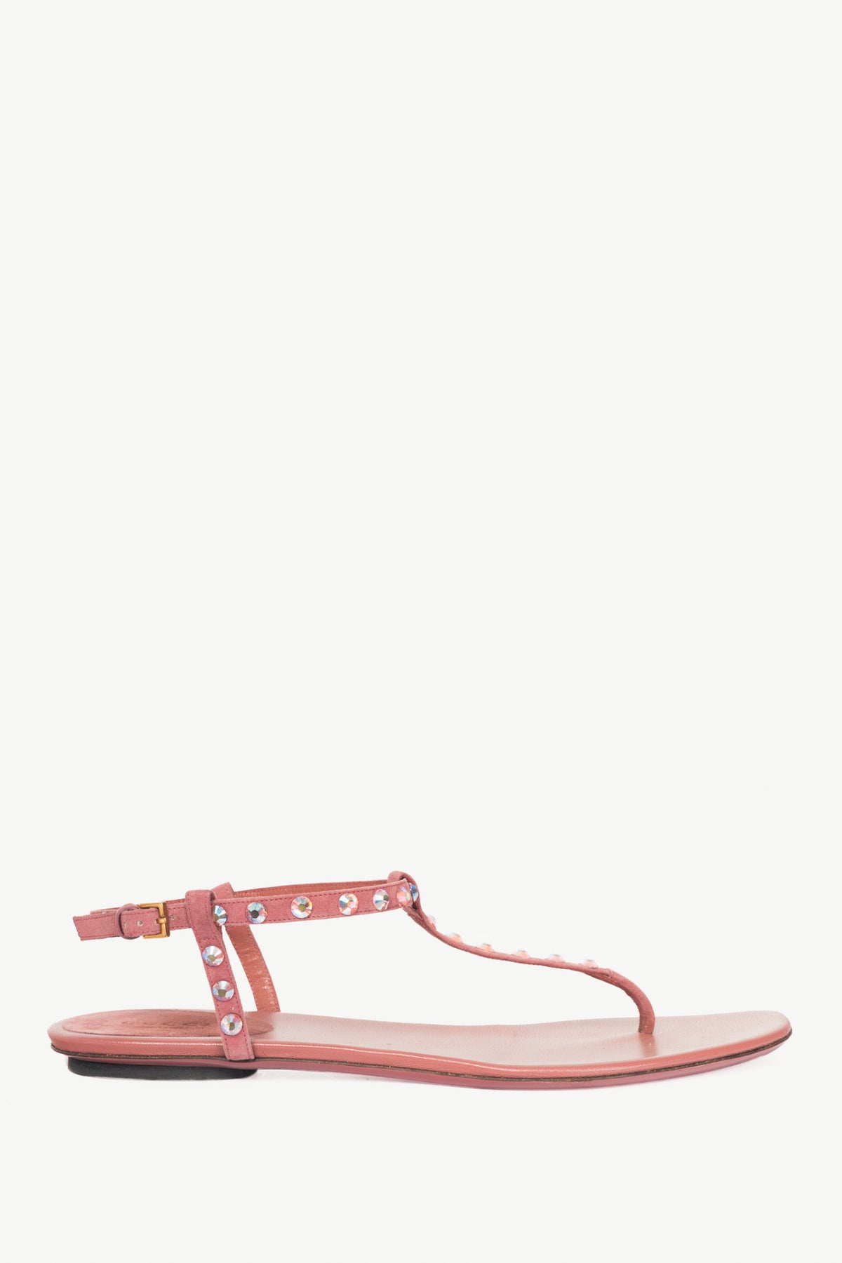 Gucci Yulia Pink Suede Crystal-Embellished Flat T-Strap Sandals