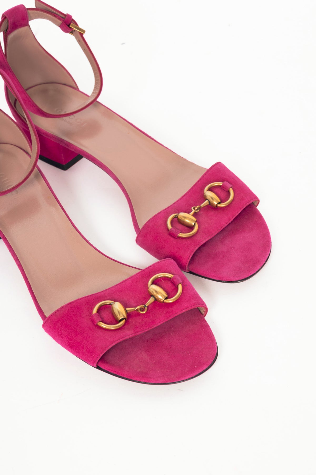 Gucci Liliane Fuchsia Suede Horsebit Ankle-Strap Sandals
