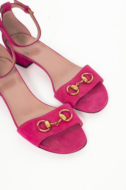 Gucci Liliane Fuchsia Suede Horsebit Ankle-Strap Sandals