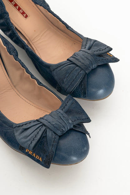 Prada AW13 Blue Leather Bow Scrunch Ballet Flats