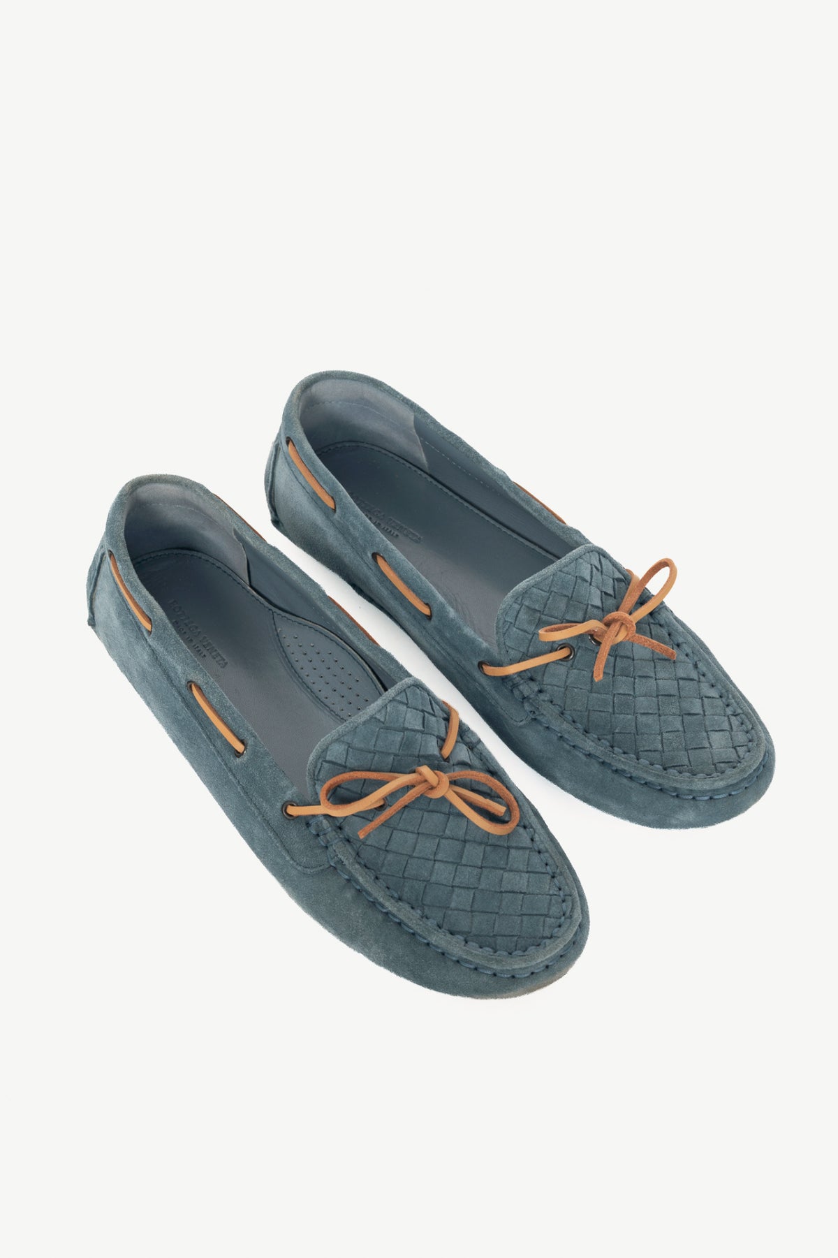 Bottega Veneta Blue Suede Intrecciato Bow Driving Shoes