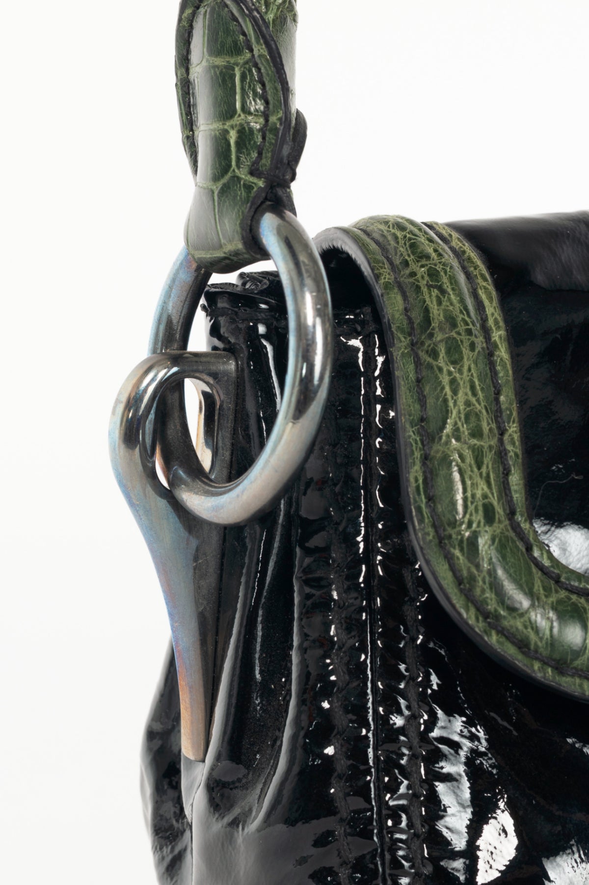 Prada AW10 Pattina Sottospalla Nero Vernice & Green Croc-Embossed Leather Handbag