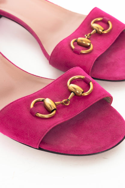 Gucci Liliane Fuchsia Suede Horsebit Ankle-Strap Sandals