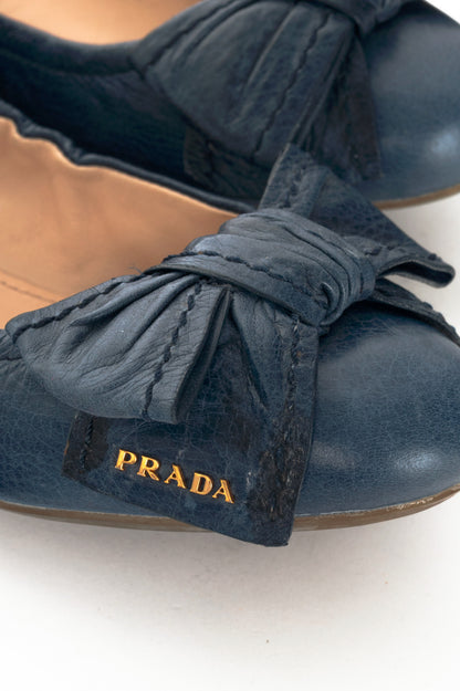 Prada AW13 Blue Leather Bow Scrunch Ballet Flats
