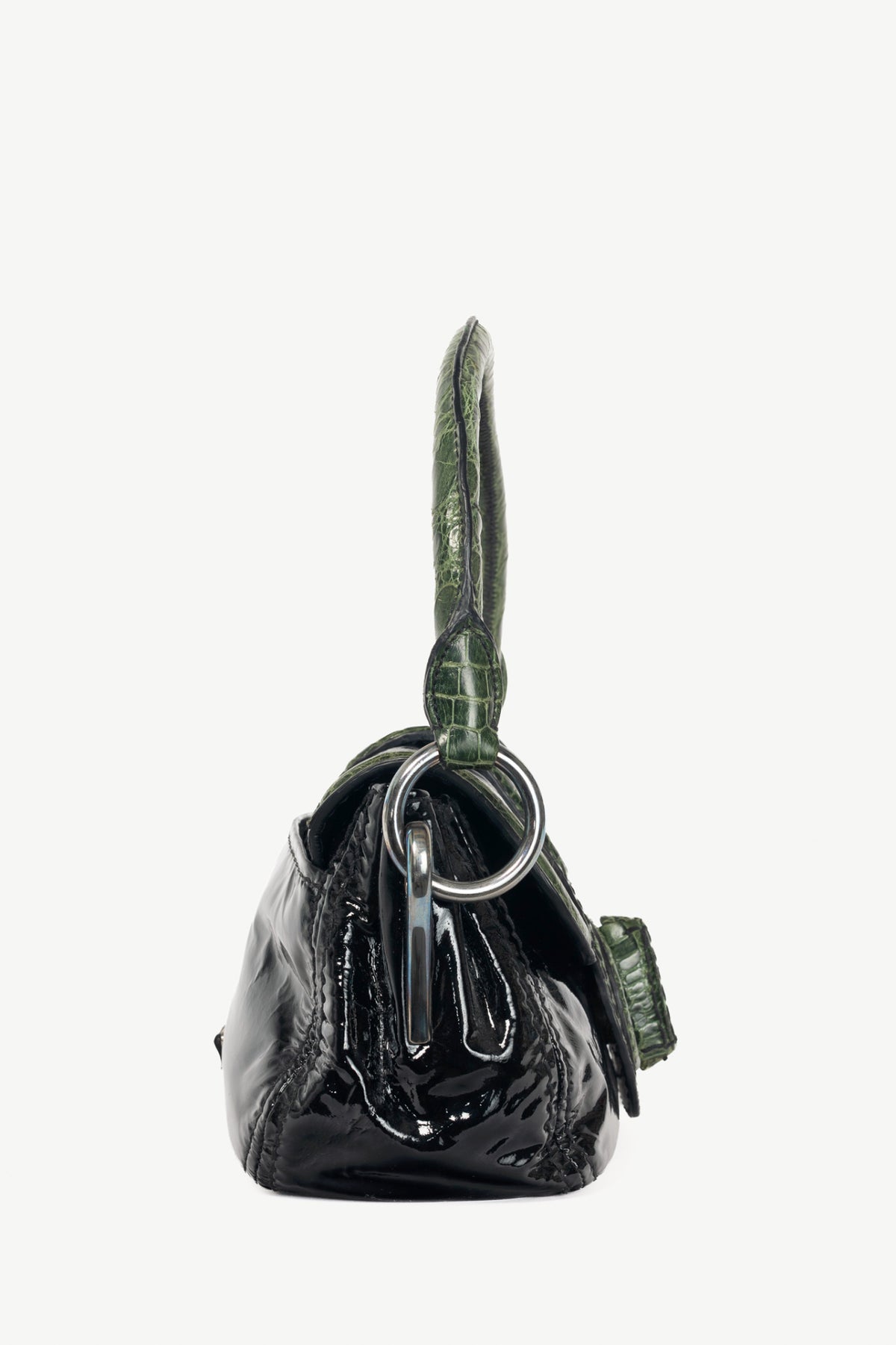 Prada AW10 Pattina Sottospalla Nero Vernice & Green Croc-Embossed Leather Handbag